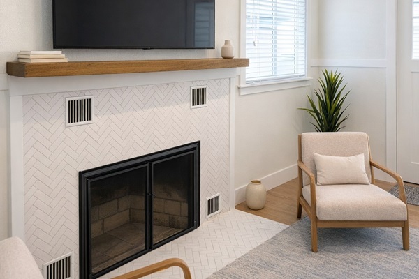 Tiled fireplace with a coastal vibe