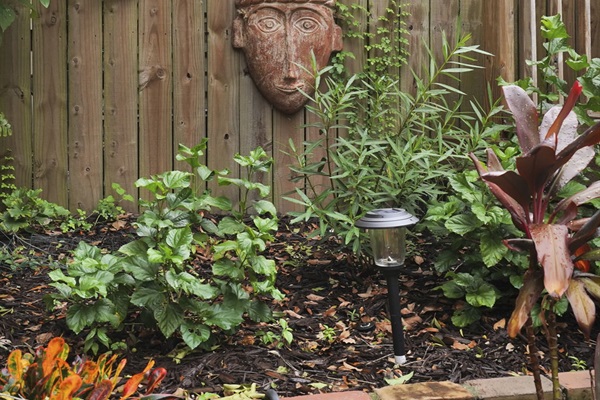 Whimsically smiling masks add charm to the backyard