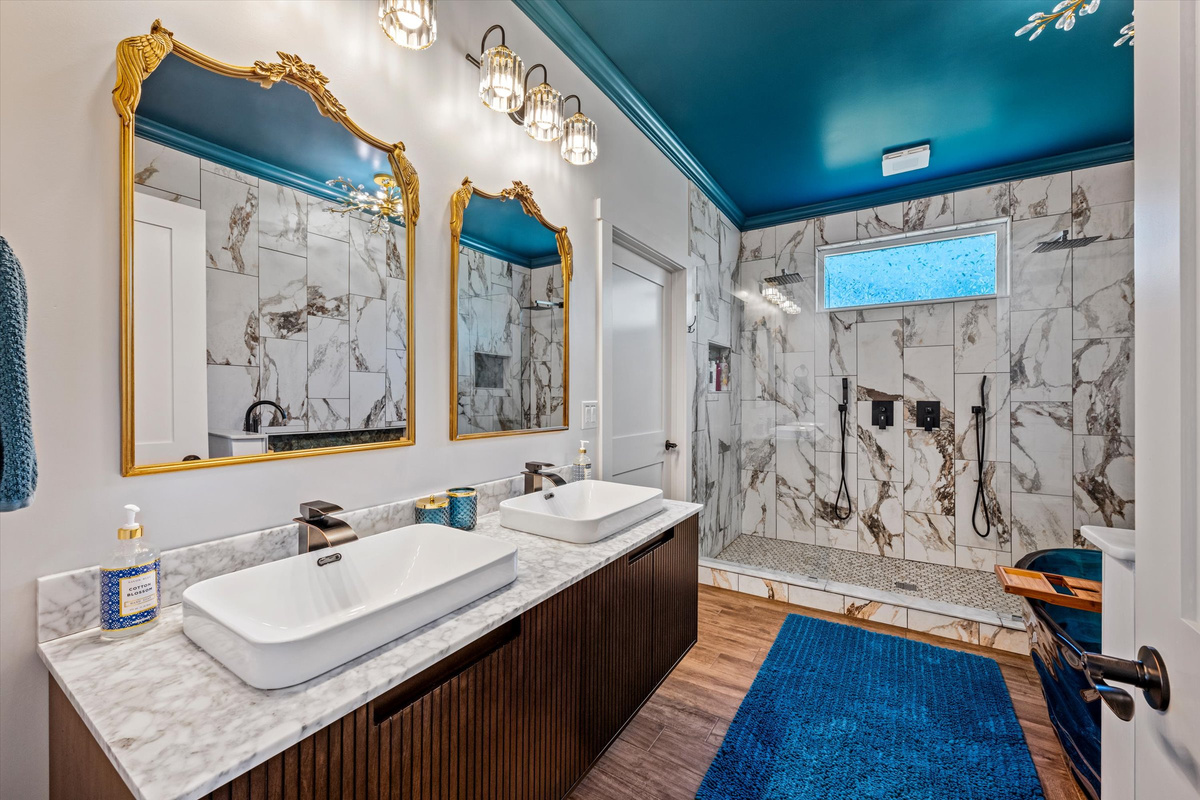 Double sinks provide plenty of room for couples getting ready together.