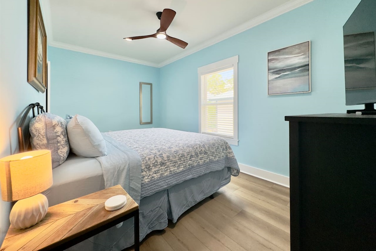 Enjoy a peaceful space with soft tones and cozy touches.