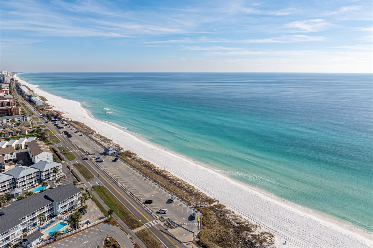 Aerial drone view of the nearby public beach access available to Aqua Reina guests. (Photo Taken January 19th 2026)