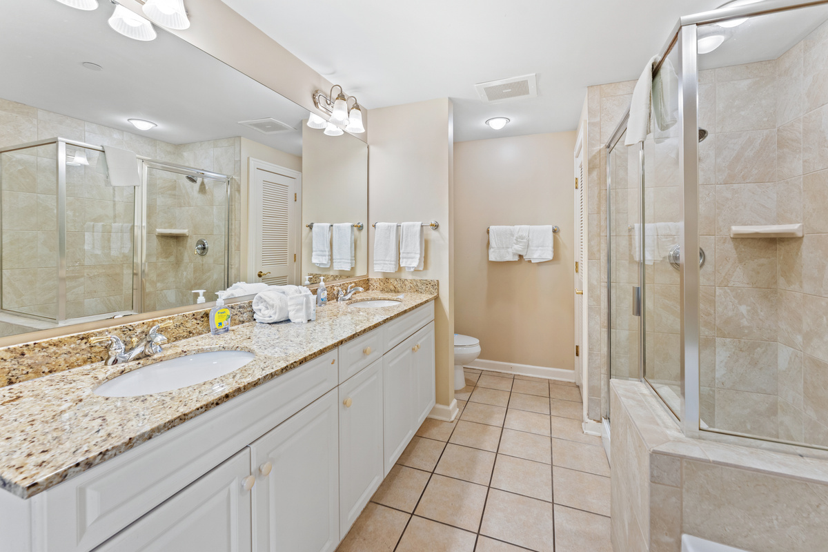 Main Bathroom with double sinks, stand along shower and jetted tub.