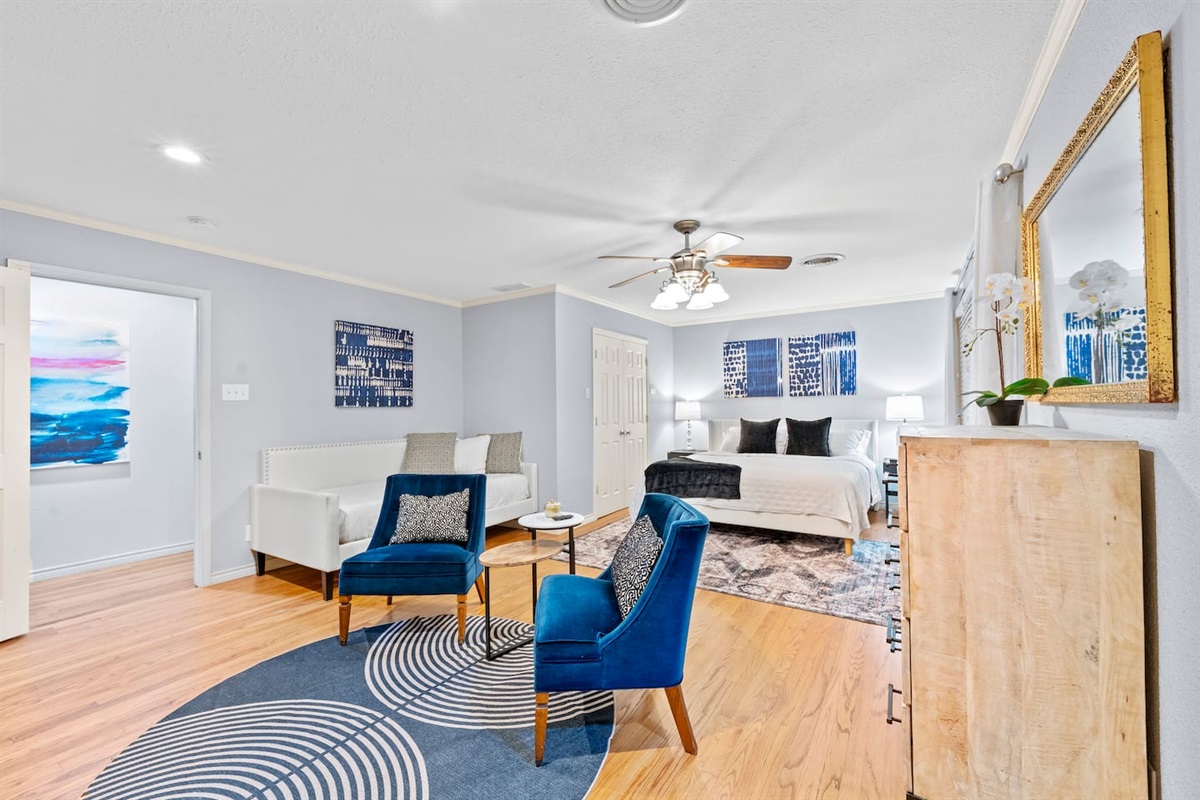 Ample space for your group! There is a king bed, a single bed, and a pack-n-play available for your use. A private full bathroom, smart TV, plenty of clothing storage, and a fireplace set the tone for a relaxing evening spent here! 