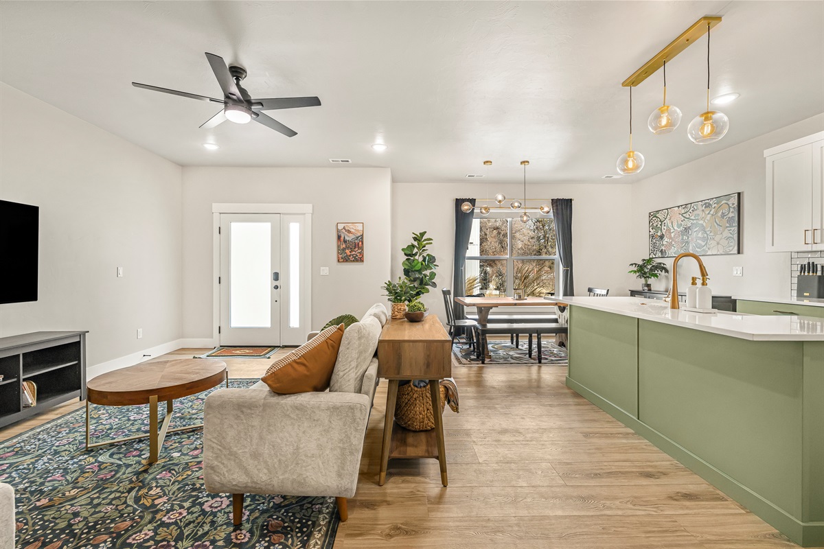 Main level living room, kitchen and dining area.