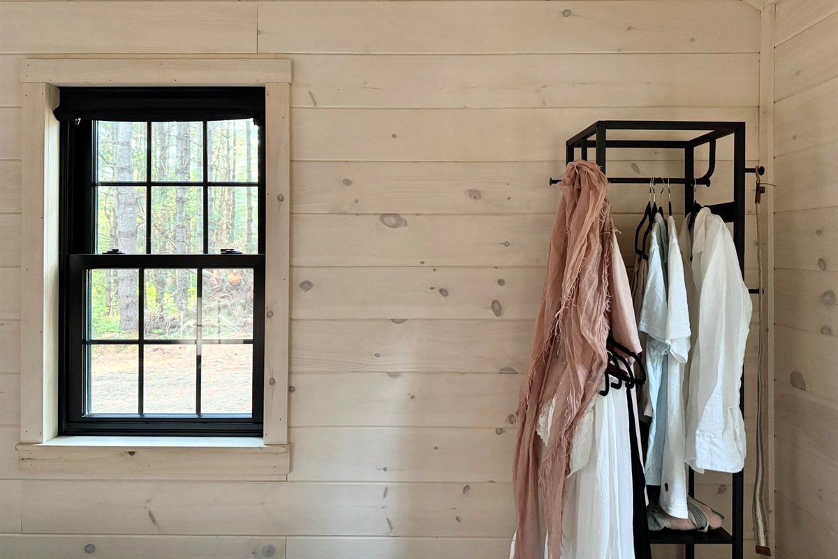 Window blinds and area for clothing storage