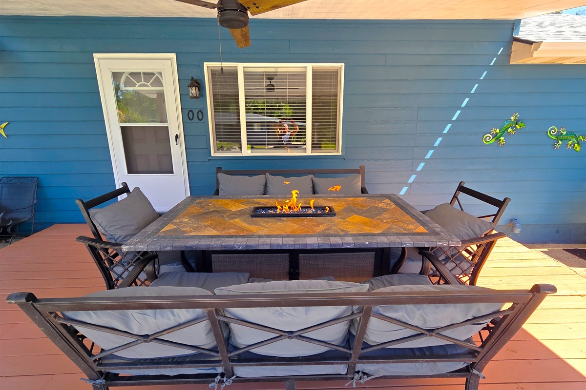 Whether enjoying a meal, or hanging out at night with the LED lights and firepit aglow, this is a fun space for the whole family!