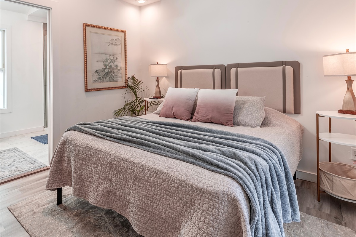 peaceful master with King bed, skylight, and en-suite bathroom