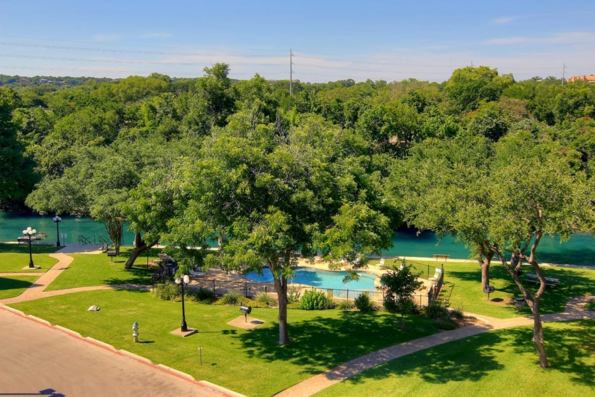 Aerial view of the pool and river.