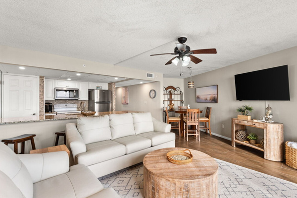 Comfy living room with private balcony, smart TV