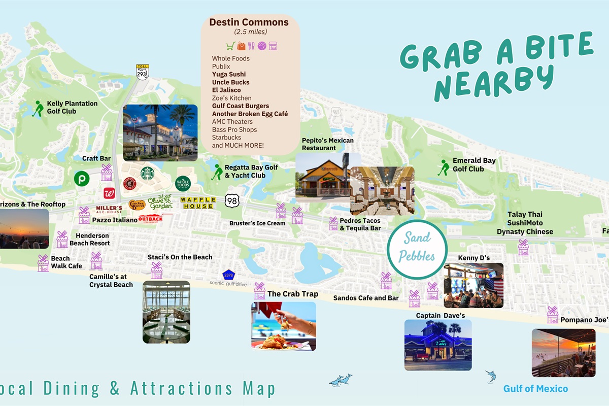 MANY restaurants are nearby including: Sandos Beachside, Captain Dave's on the Gulf, Kenny D's, The Crab Trap, and Destin Commons is ~2 miles away - Great Location!