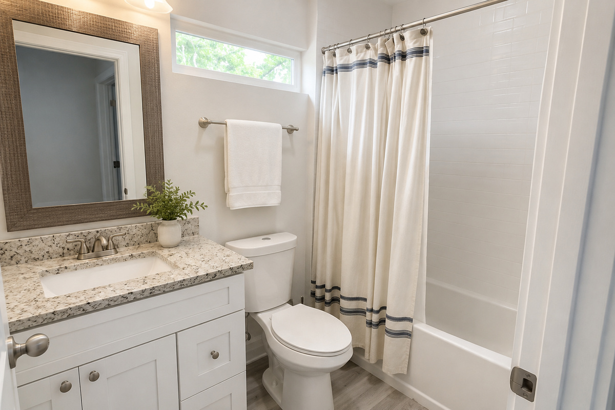 Nobody waits in line with three full baths — this one offers a tub/shower combo behind a striped curtain, granite counters, and warm vanity lighting for unhurried mornings before the beach calls everyone out again.
