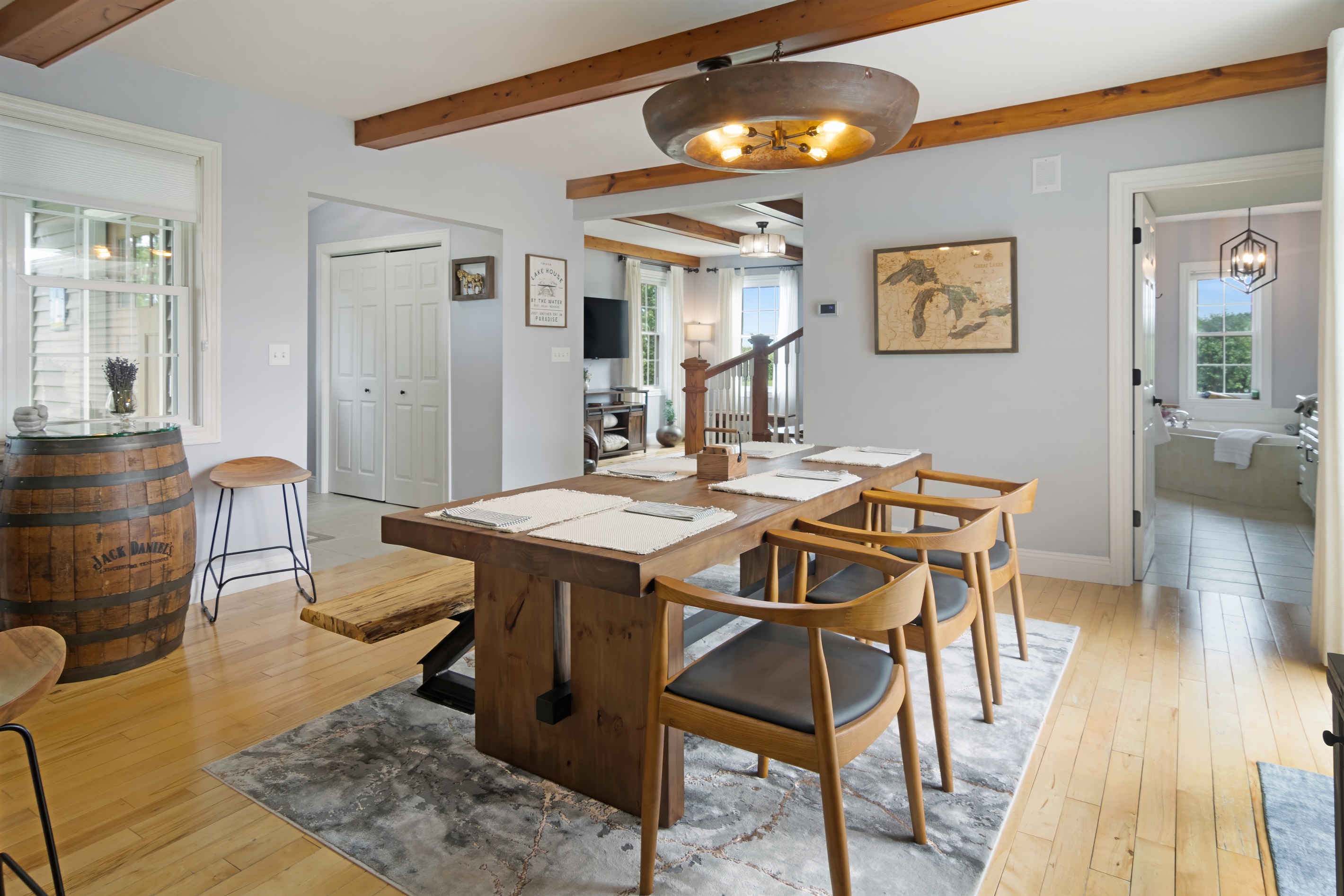 Rustic beams and open layout for family gatherings.