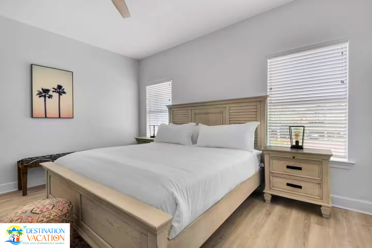 A serene bedroom designed for peaceful coastal mornings.
