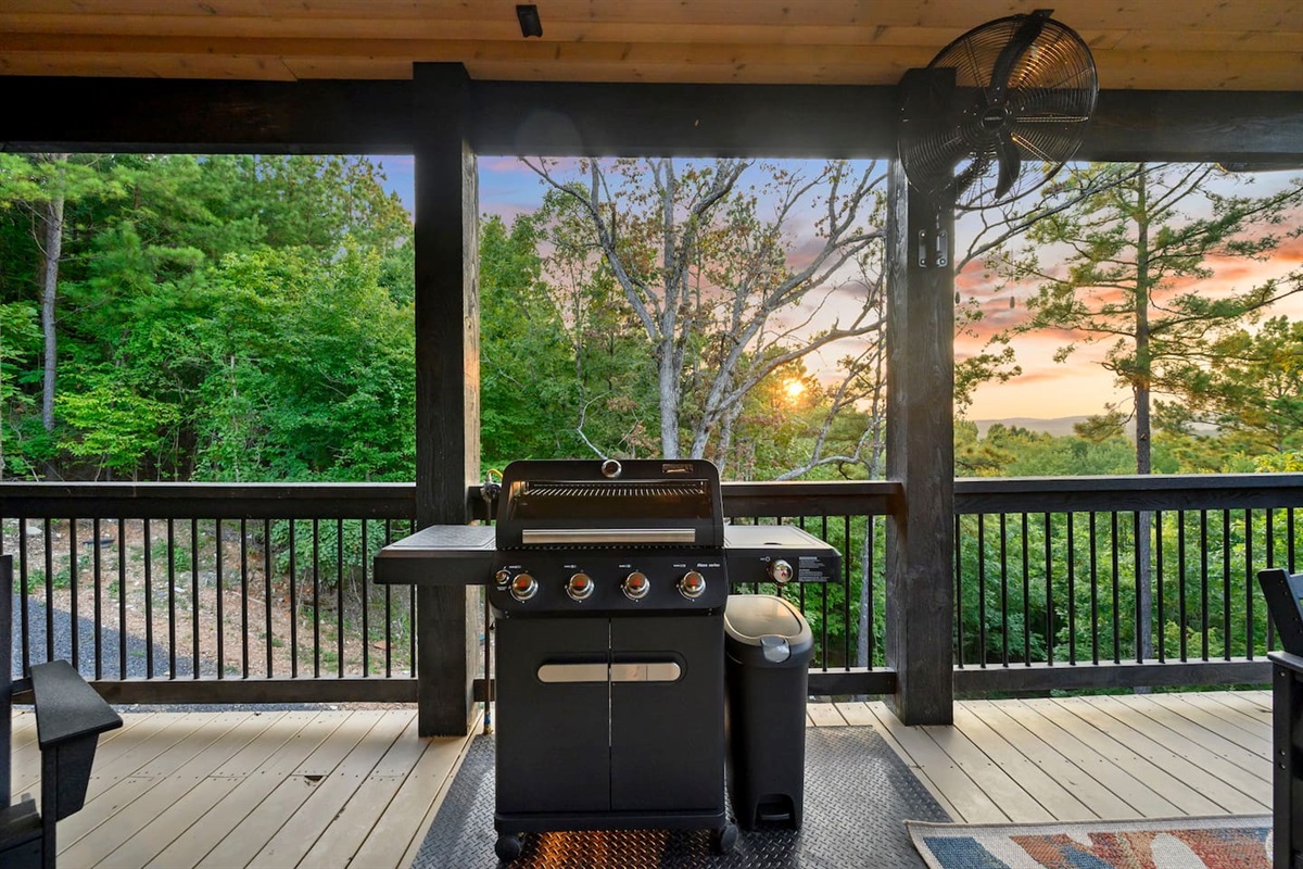 The new gas grill features 4 burners and a stove top burner on the right.  Check out that beautiful sunset view at dinner time!