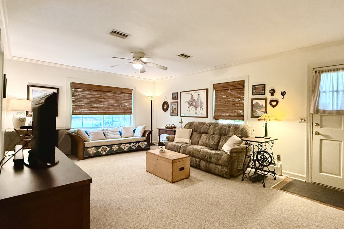 Comfortable lower level living area with seating and a smart TV