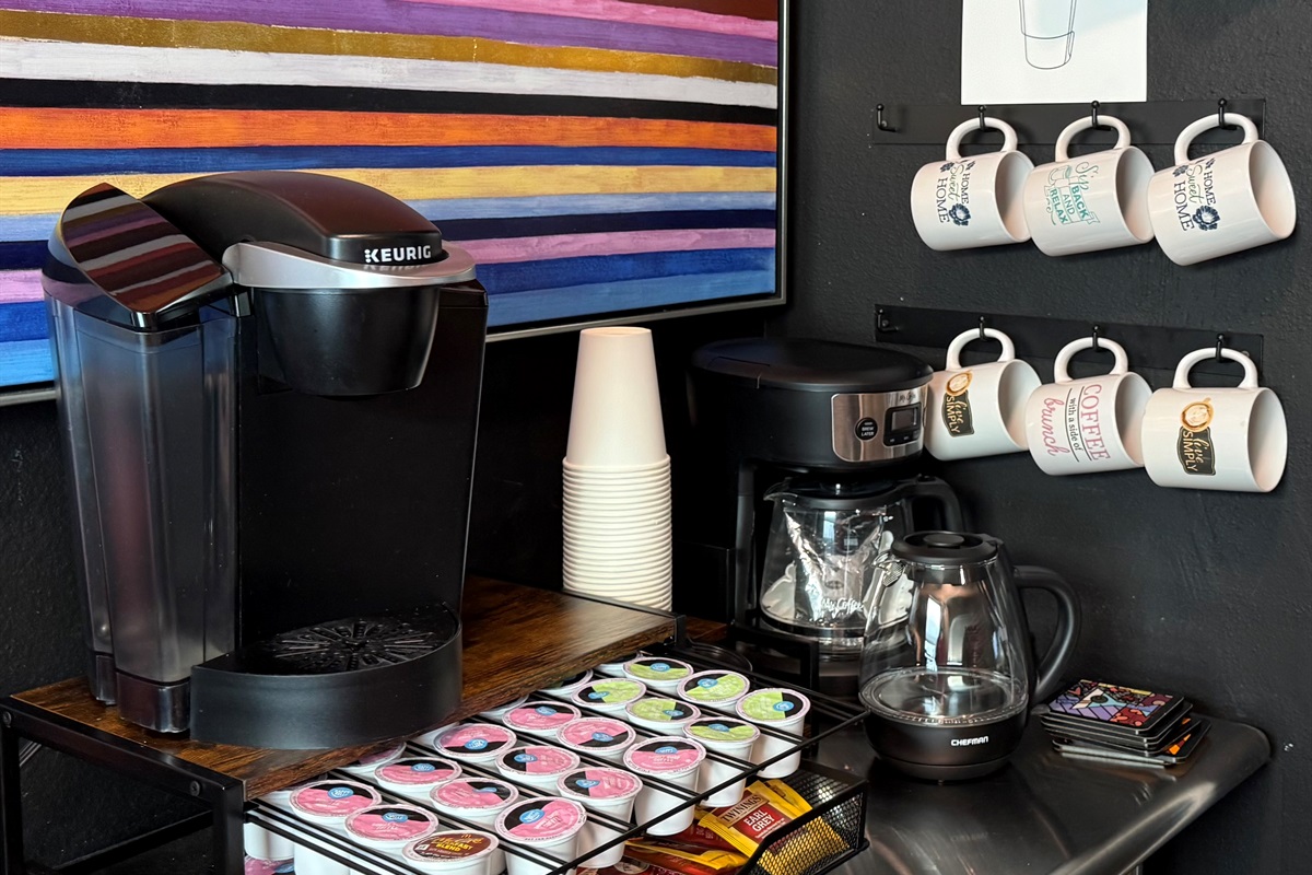 Fully stocked Coffee Bar ! Coffee, Tea, Decaf? We have it all 💕