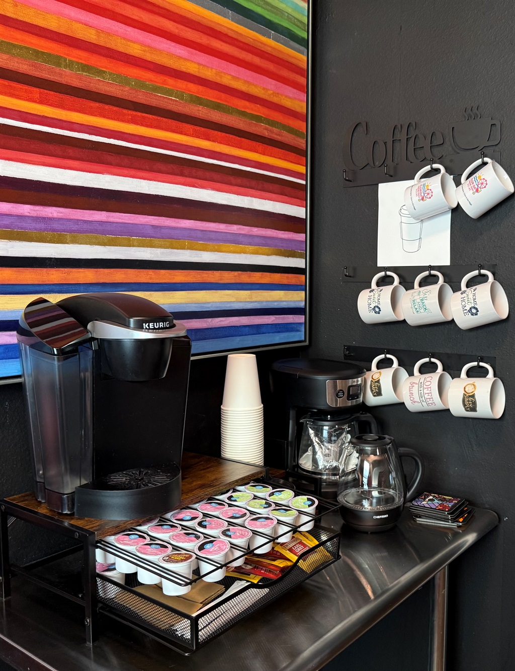 Fully stocked Coffee Bar ! Coffee, Tea, Decaf? We have it all 💕