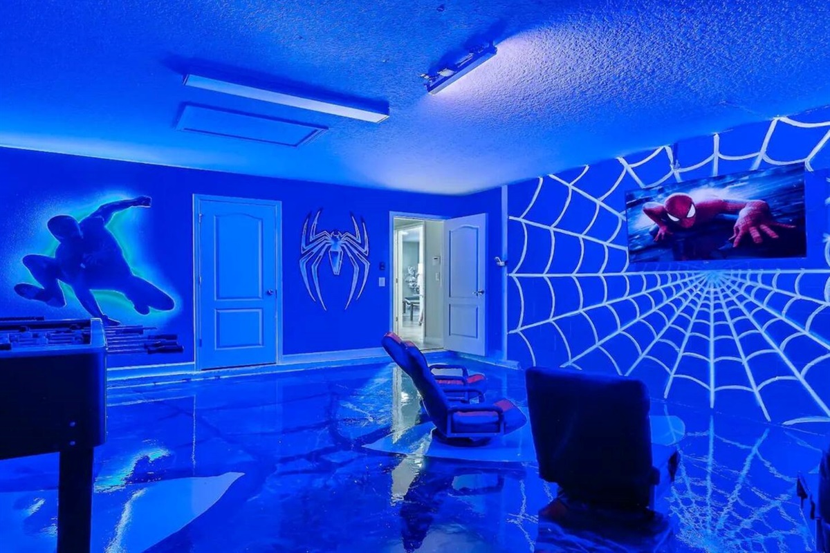 Garage transformed into a game/cinema room