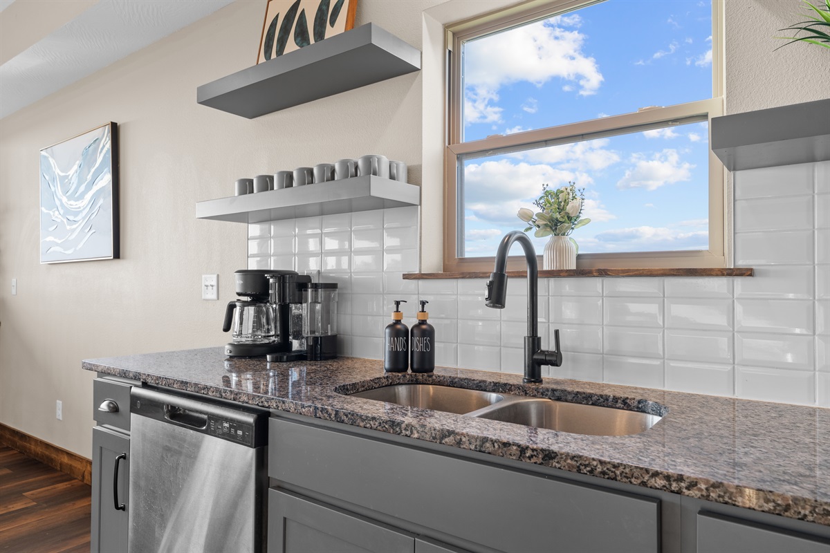 Coffee bar tucked into the kitchen—perfect for that first cup with the sunrise.