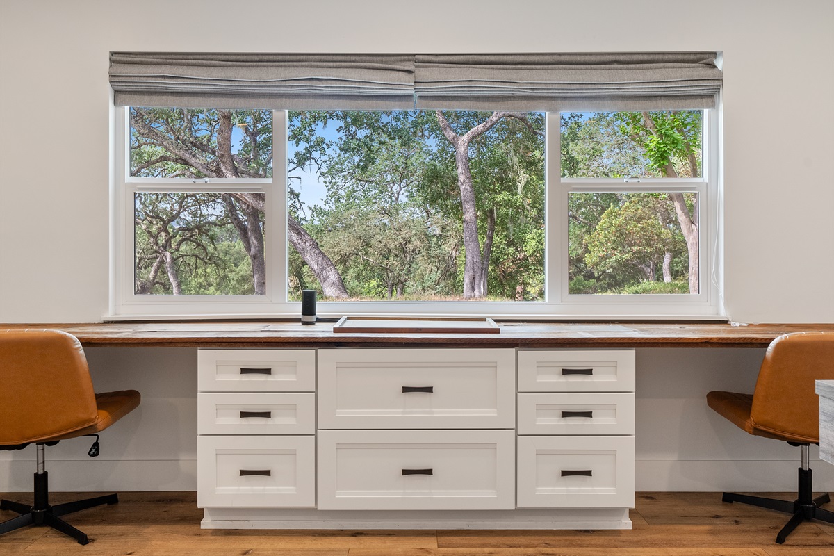 A quiet, productive workspace with a calming view for staying inspired.