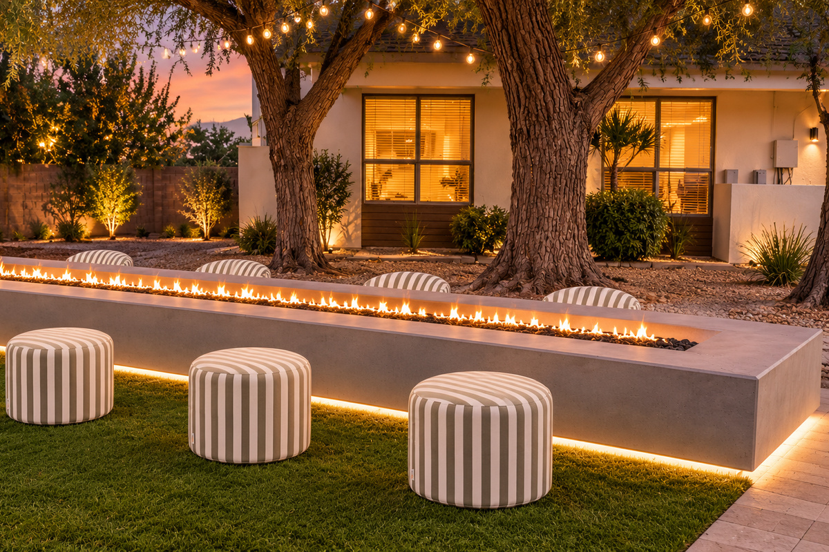 {14-Foot Fire Pit} We transformed the original planter into a custom 14-foot linear fire pit — now one of Firebird’s coziest gathering spots for cocktails & conversations.