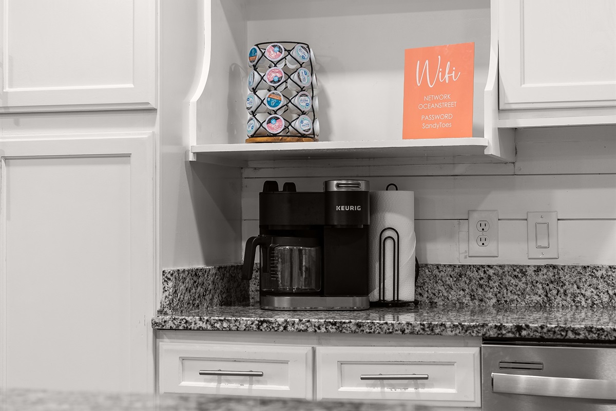 Greet the day with both a drip and Keurig coffee maker at your fingertips. Bring your favorite coffee and filters, and take your morning cup to the upstairs balcony for beautiful gulf views!