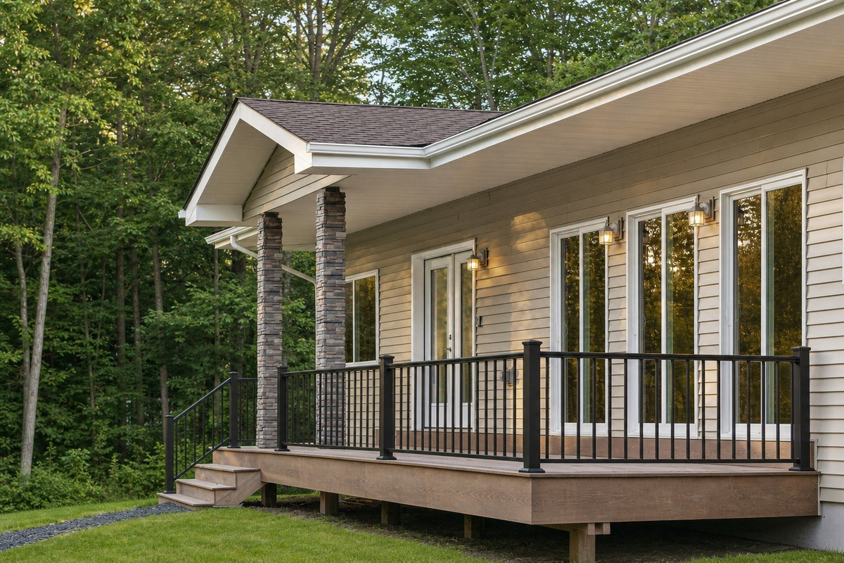 Covered entry with stone columns and a railed deck along the sliders