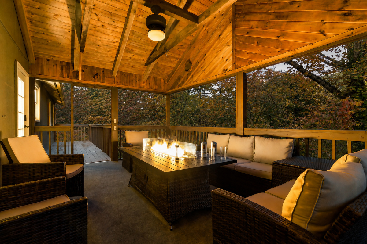 Secluded covered deck with a fire table; perfect for cozy evenings under the trees.