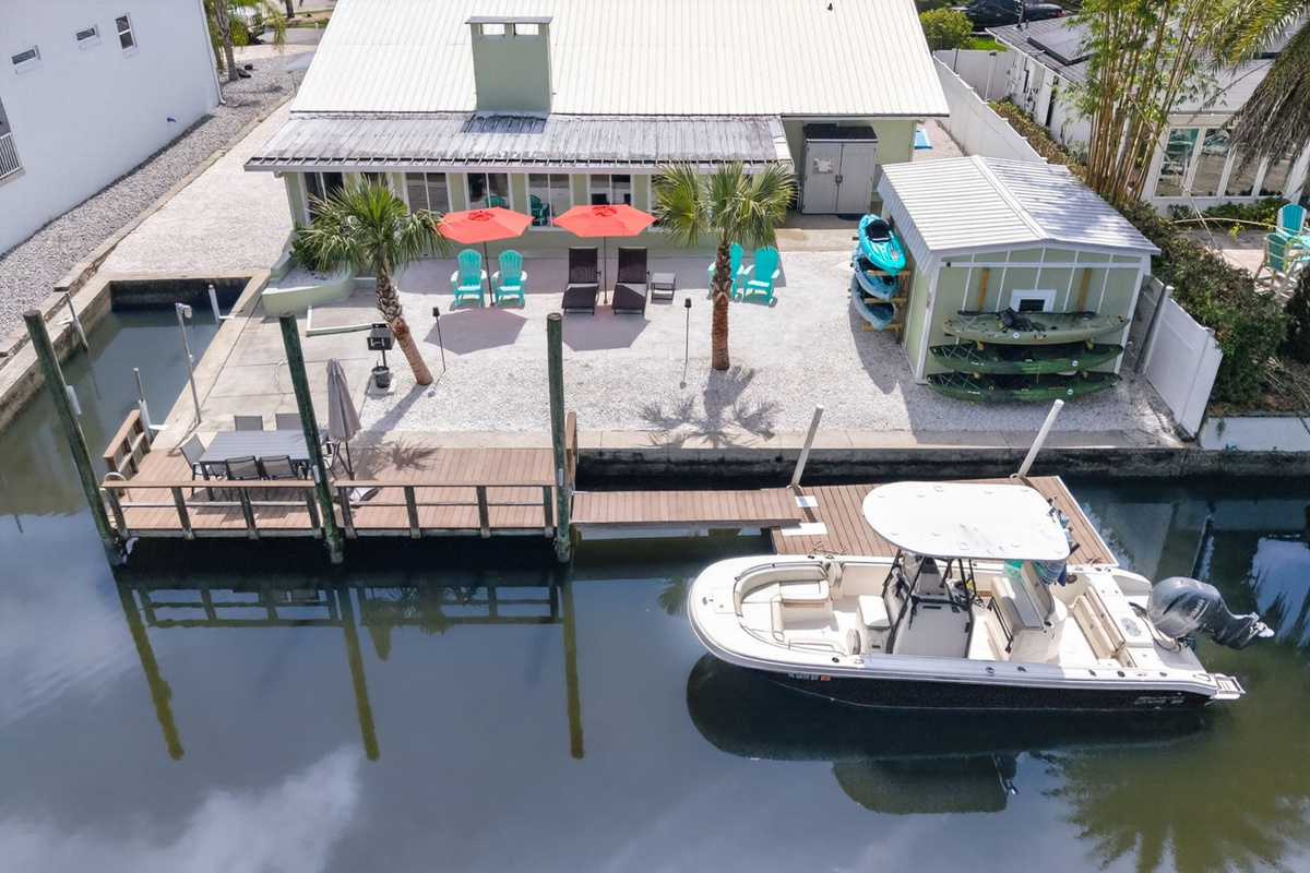 Aerial view of the dock and boat, second angle