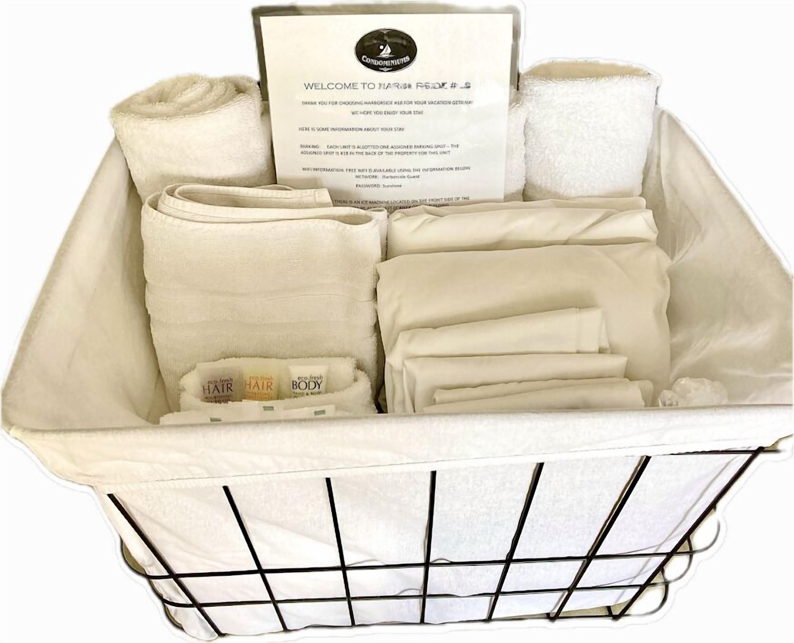 Welcome basket complete with linens, towels, and complimentary soap and shampoo
