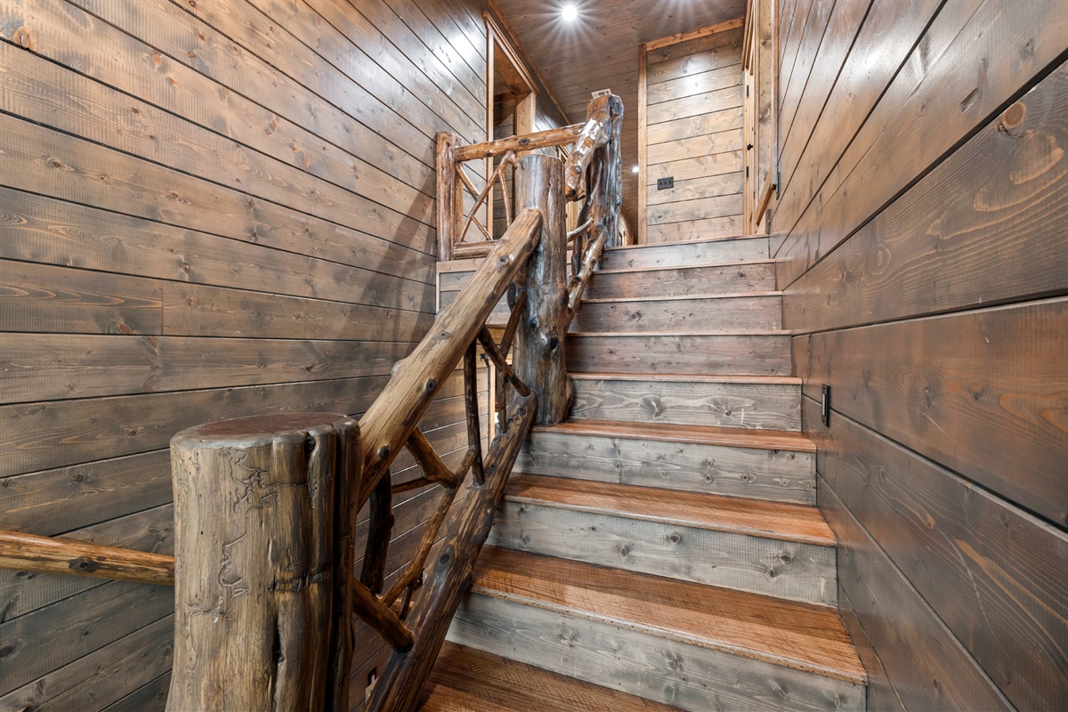 Handcrafted wooden staircase showcasing authentic cabin charm