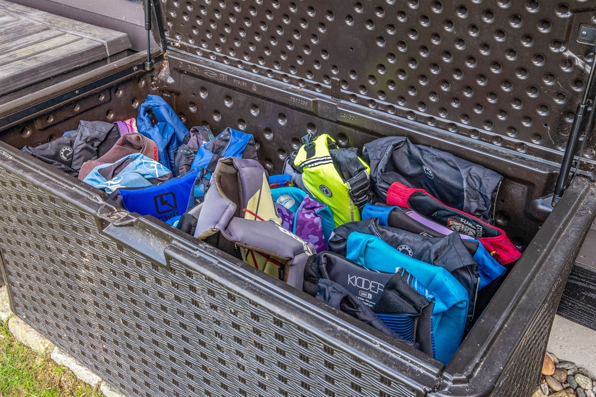 Outdoor storage box with life jackets for your convivence