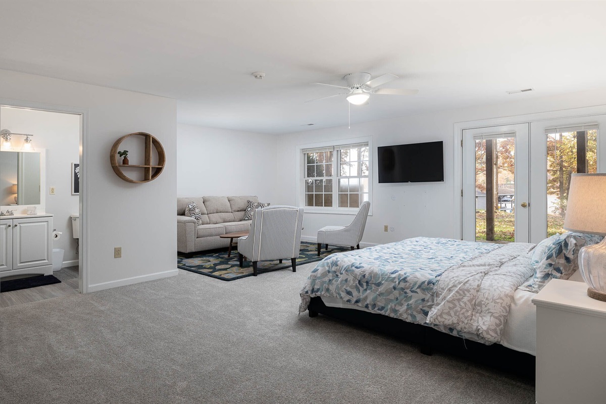 basement master with king bed, sofa bed, and private bathroom