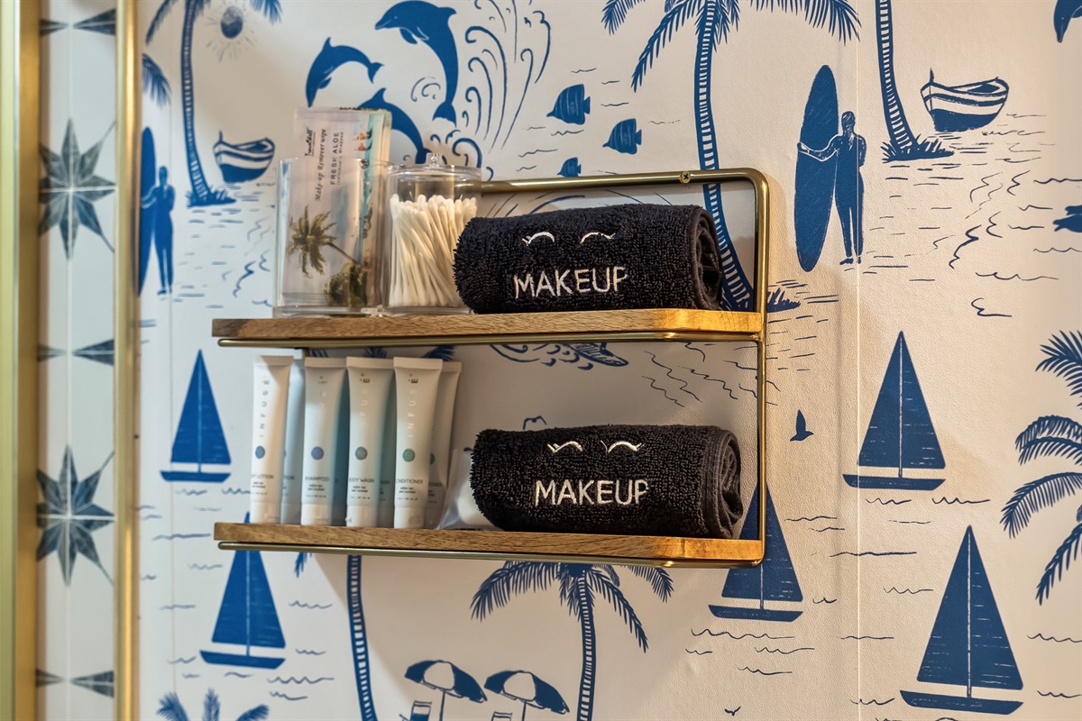 Convenient shelving keeps toiletries neatly organized.