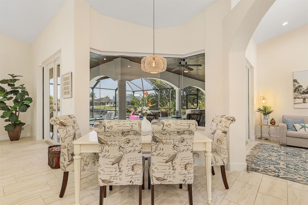 Coastal dining area accommodates up to 6 guests.