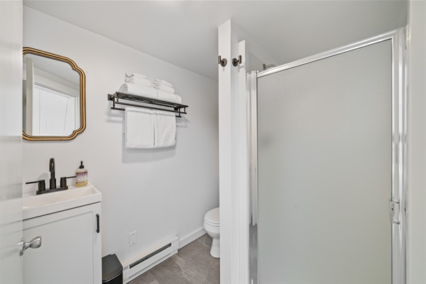 Relax with a hot shower in the master bath. New towels, body wash, shampoo and conditioner have been provided