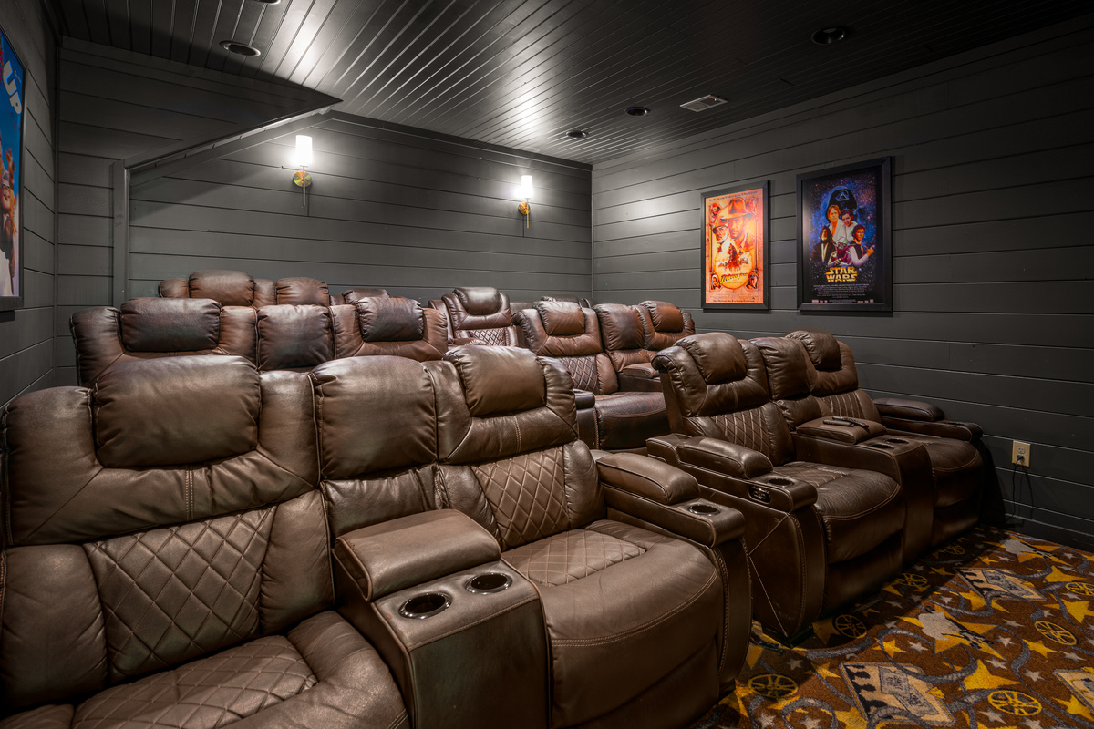 A fully private screening room with stadium seating for your group. Bring your own movie night. Church groups, school trips, and corporate teams book this property specifically for this room.