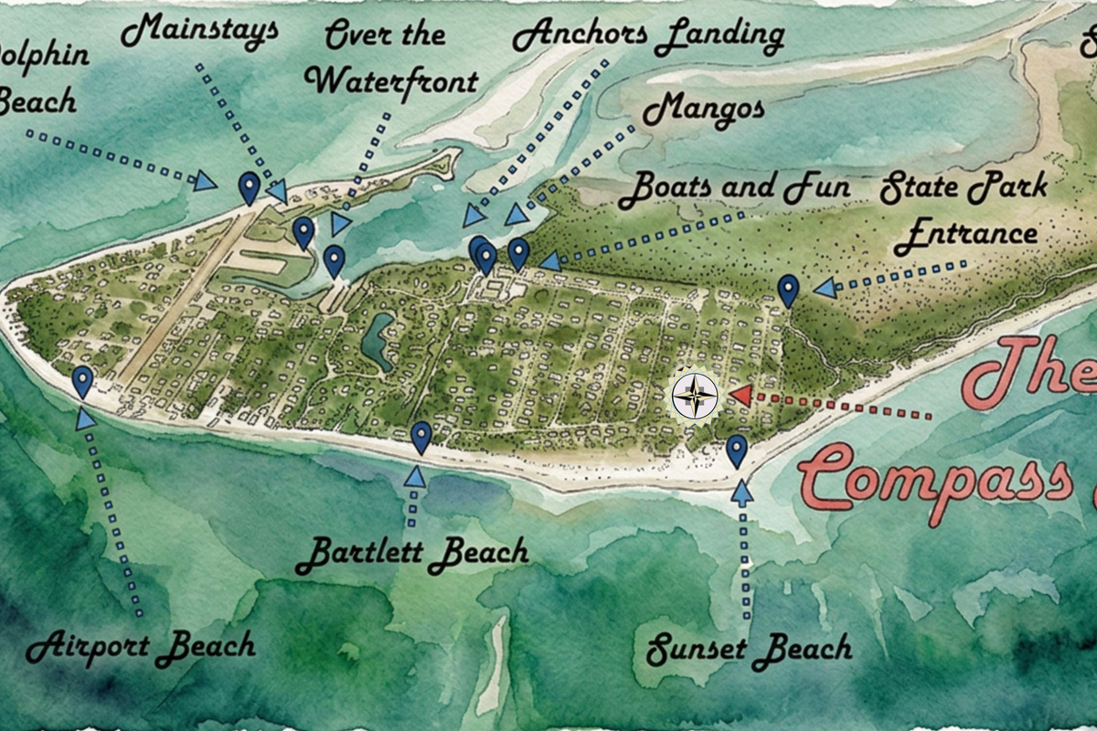 The Island Map: Access to the only Gulf beach with ample public parking is just 50 yards away from The Compass Rose!