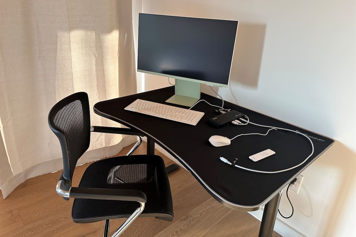 Work from home setup w/ 48” desk, X-Chair, 27” video teleconferencing   smart monitor, thunderbolt docking station, wired keyboard & mouse.