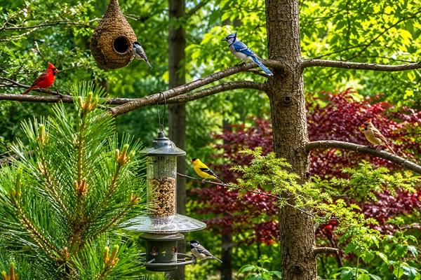 Birds in a sunlit garden feeder