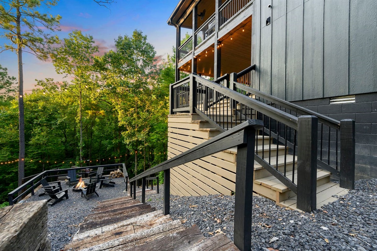 Stairs from the lower deck will take you to the fire pit and play toy areas.  A few more steps will bring you to a path that leads you directly to our creek.