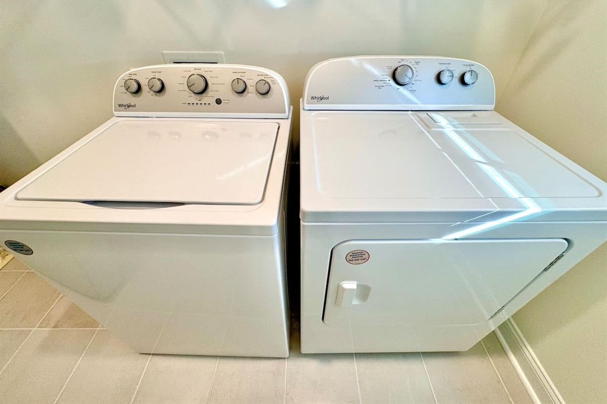 The laundry room has a full-size washer and dryer. We provide laundry detergent, dryer sheets, an iron, and an ironing board.