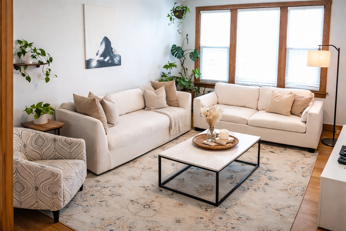 Comfortable lounge area with warm natural light and plenty of seating for group conversations, movie nights, or remote work.