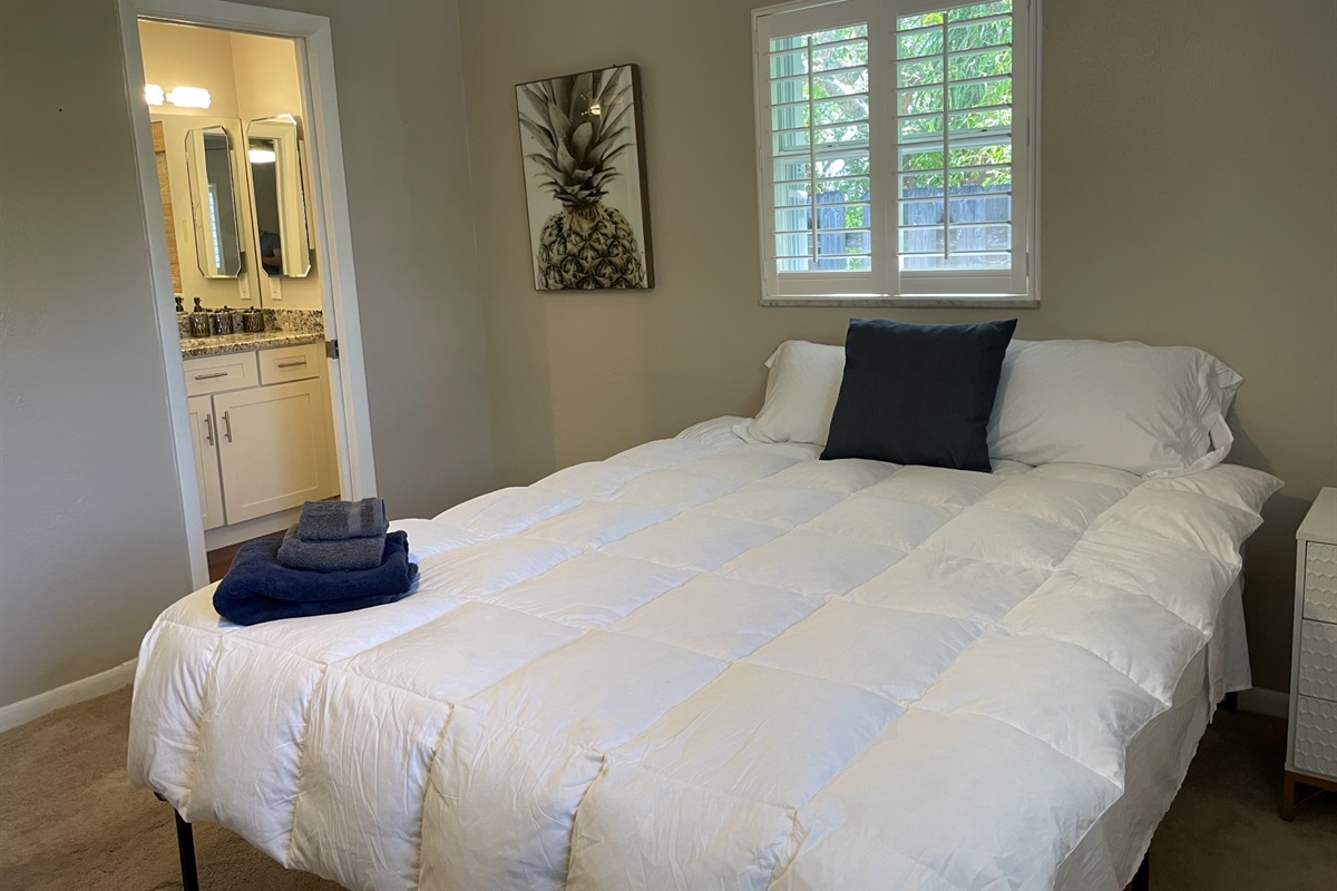 Our main bedroom has plenty of space and a comfortable bed, with an ensuite bathroom also.
