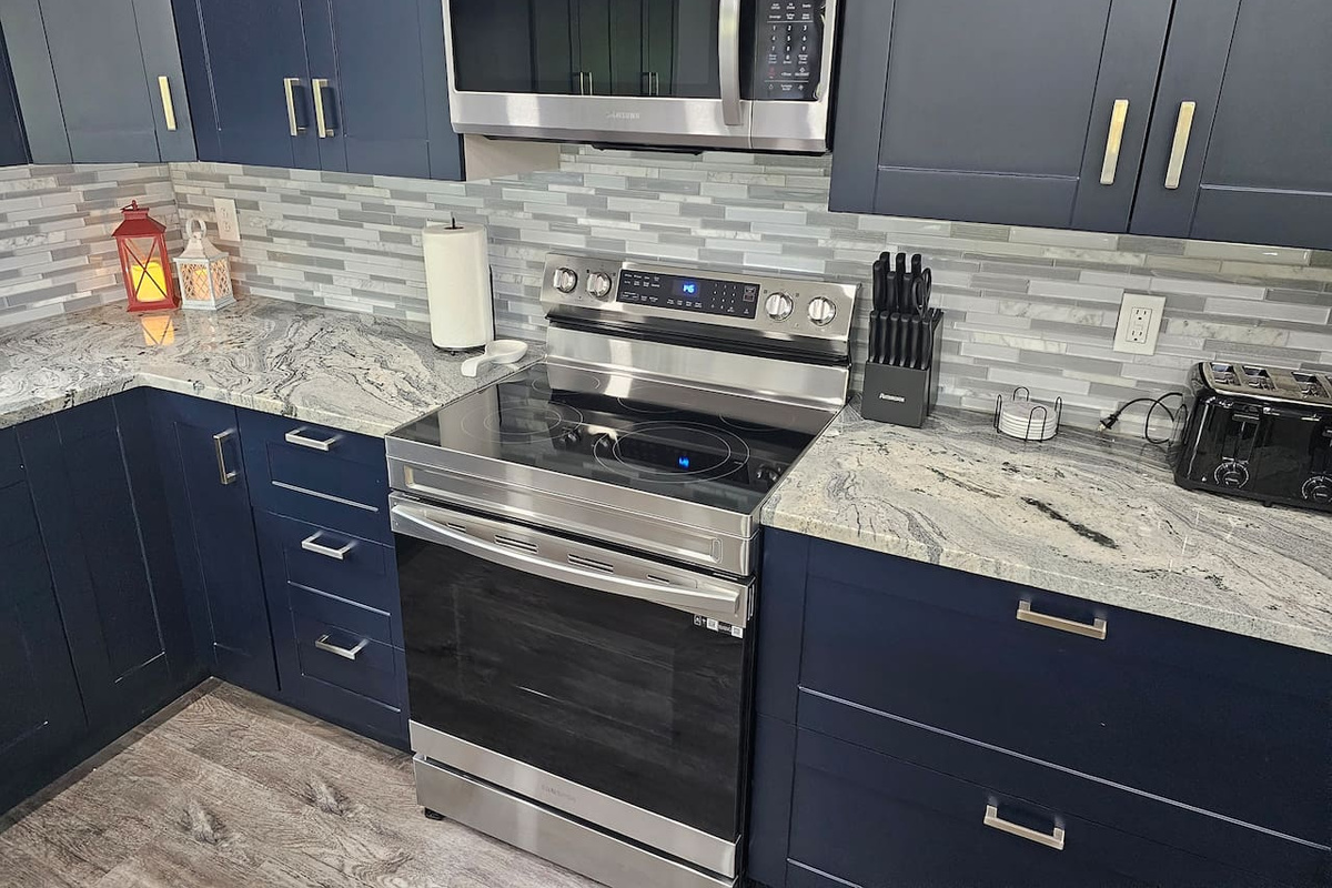 Bright, modern finishes and generous counter space make cooking a breeze.
