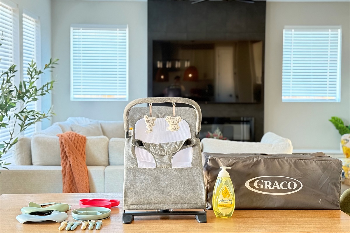 Traveling with little ones is easier here. We provide a baby bouncer, pack n play, baby shampoo, and baby dining plates so you can pack less and relax more.