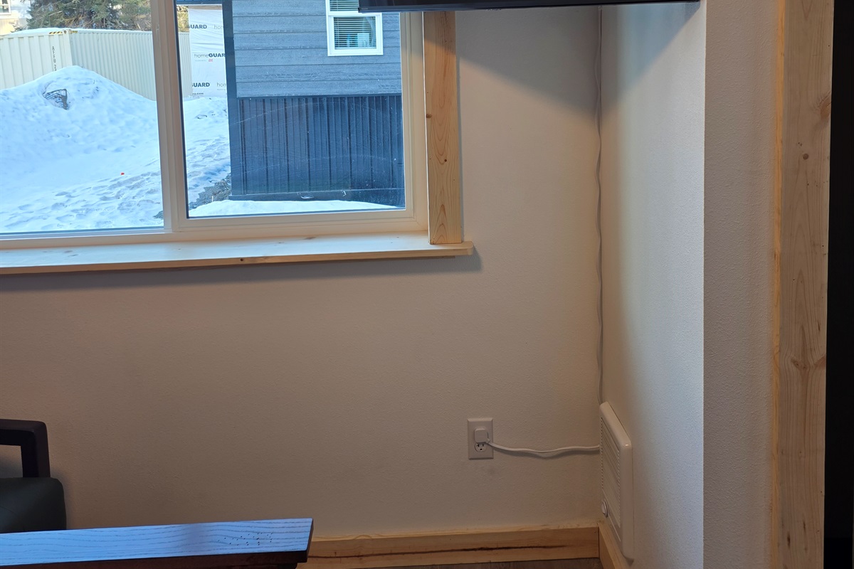 Bedroom on main floor includes a Queen Size Bed with night stand, closet space, chair and TV.