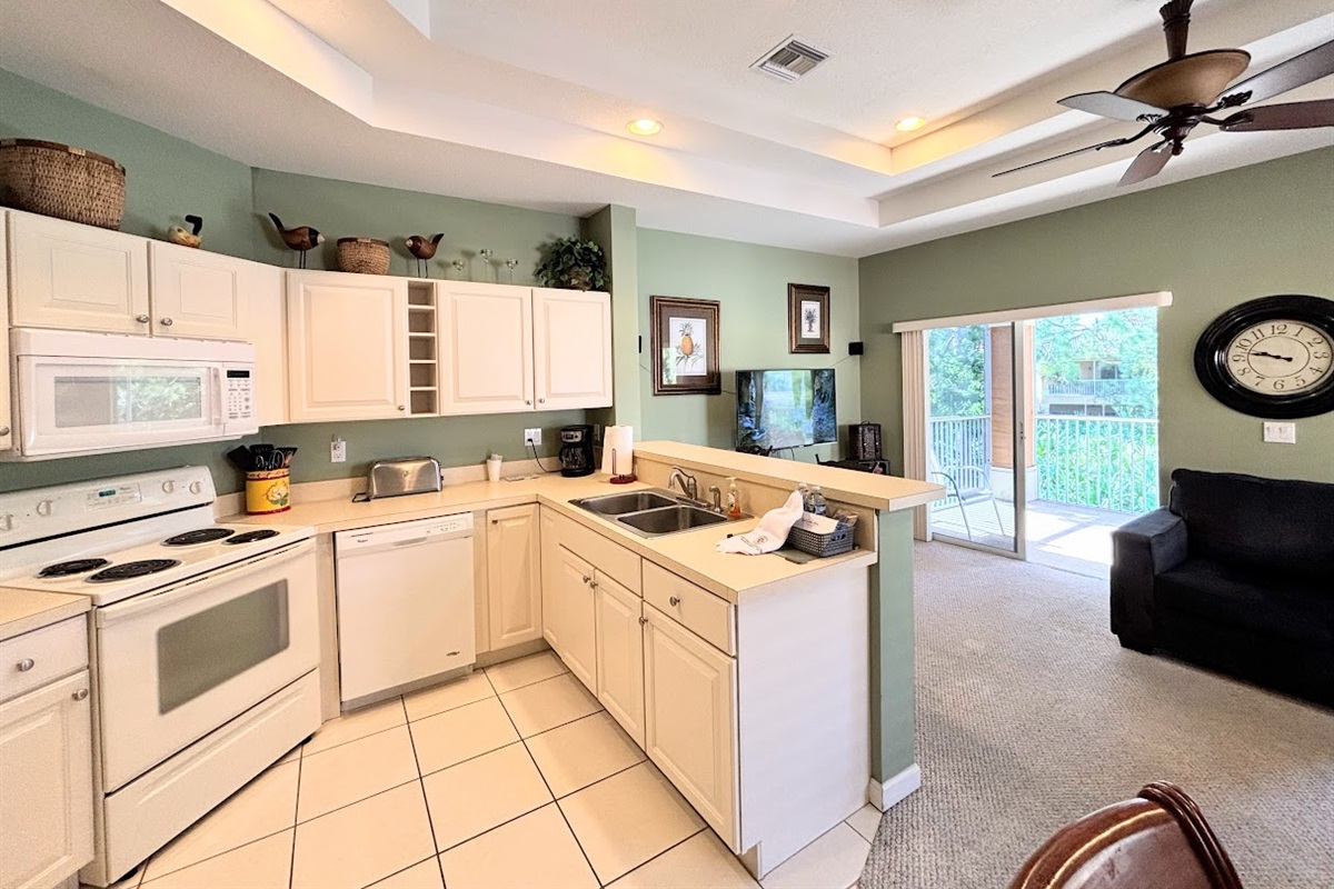 Open-concept kitchen and living area with high ceilings, bright natural light, and sliding glass doors leading to the balcony.