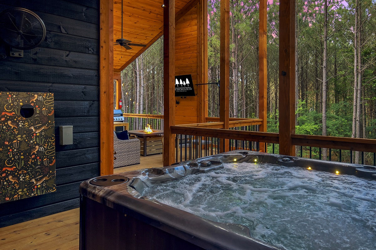 Hot tub is set off from the main seating area and right outside the master bedroom.