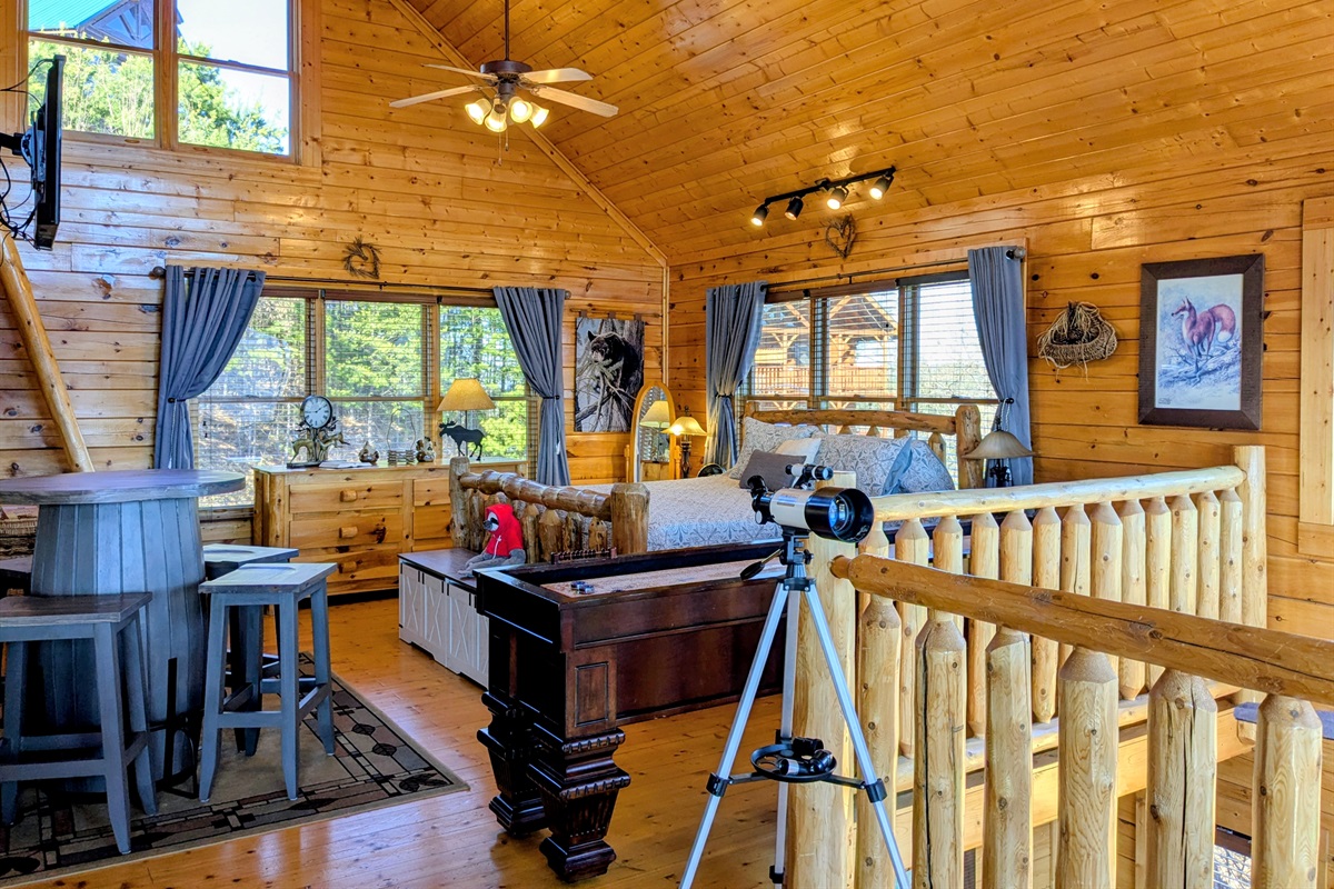 shuffleboard, pub table, king bed on upper level